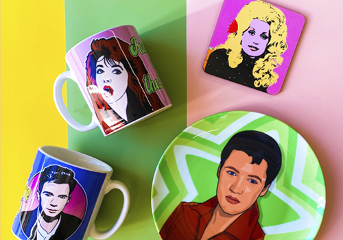 Thoughtful gift ideas with celebrity icons: George coffee mugs, David Bowie ceramic dinner plates, Dolly Parton cushions, Ariana grande candle, Beatles tea towel