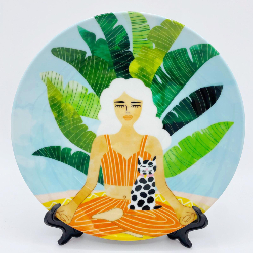Meditation With Thy Cat - ceramic dinner plate by Uma Prabhakar Gokhale