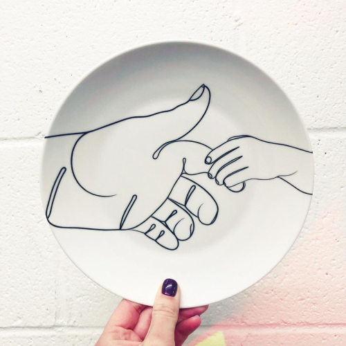Child Holding Father's Finger Line Drawing - ceramic dinner plate by Adam Regester
