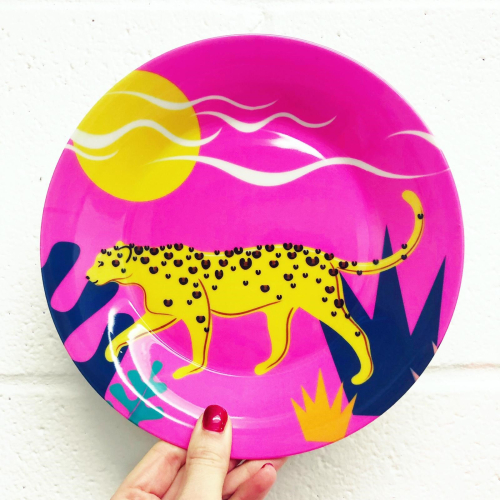 Walking Leopard Illustration ( pink background ) - ceramic dinner plate by Adam Regester